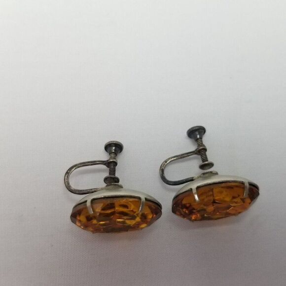 Vintage Sterling Silver Orange Oval Rhinestone Clip On Screw Back Earrings - Picture 3 of 8